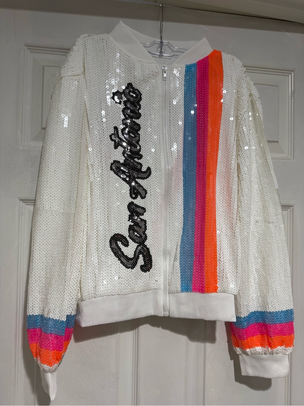 Sequin Stripe Bomber Jacket - White with Rainbow Accents